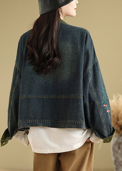 Boutique Navy Embroidered Patchwork Denim Coat Spring TM002 ABC