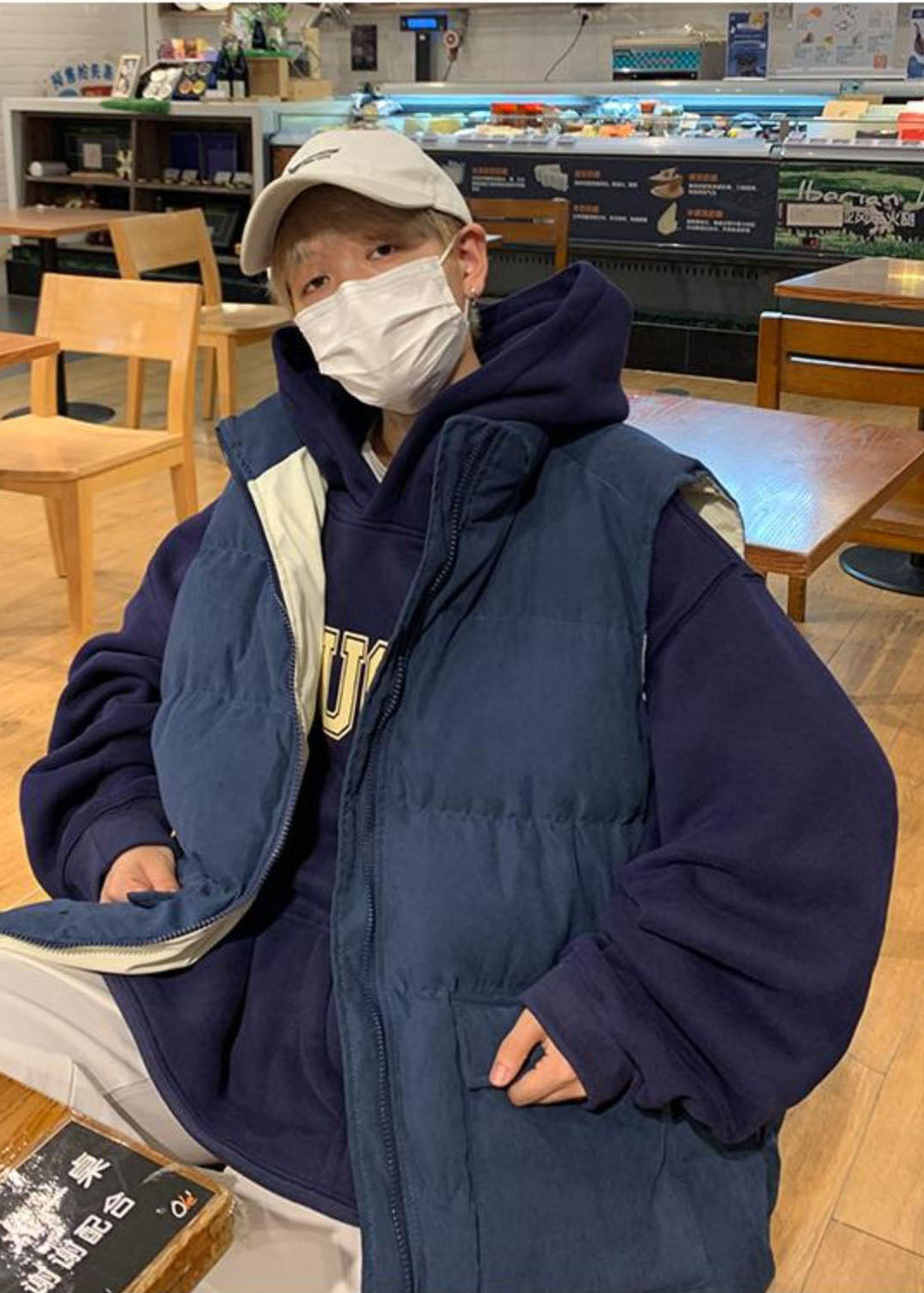 Boutique Navy Oversized Pockets Fine Cotton Filled Men Parkas Winter TK019