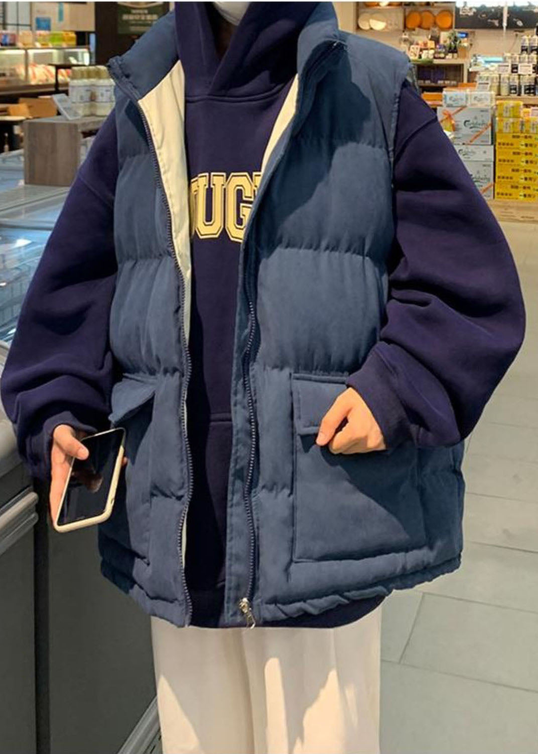 Boutique Navy Oversized Pockets Fine Cotton Filled Men Parkas Winter TK019