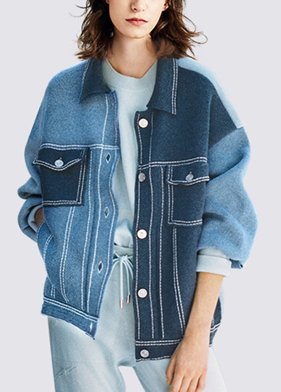 Boutique Navy Peter Pan Collar Pockets Knit Coat Fall WO022 HS-NCT241109