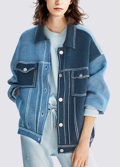 Boutique Navy Peter Pan Collar Pockets Knit Coat Fall WO022 HS-NCT241109