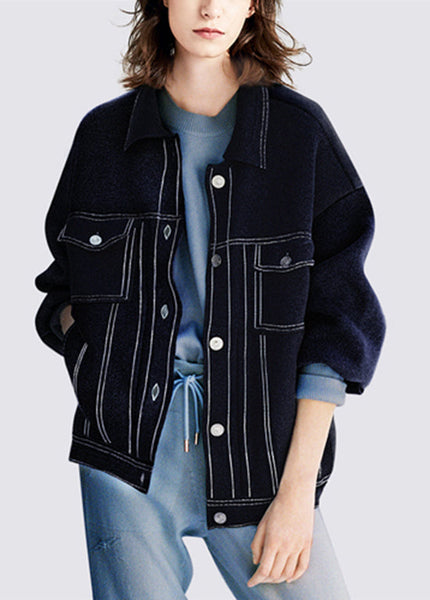 Boutique Navy Peter Pan Collar Pockets Knit Coat Fall WO022 HS-NCT241109