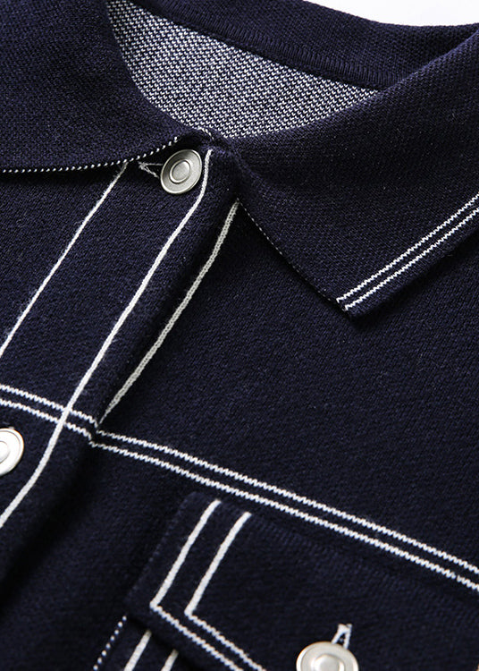 Boutique Navy Peter Pan Collar Pockets Knit Coat Fall WO022 HS-NCT241109