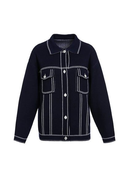 Boutique Navy Peter Pan Collar Pockets Knit Coat Fall WO022 HS-NCT241109