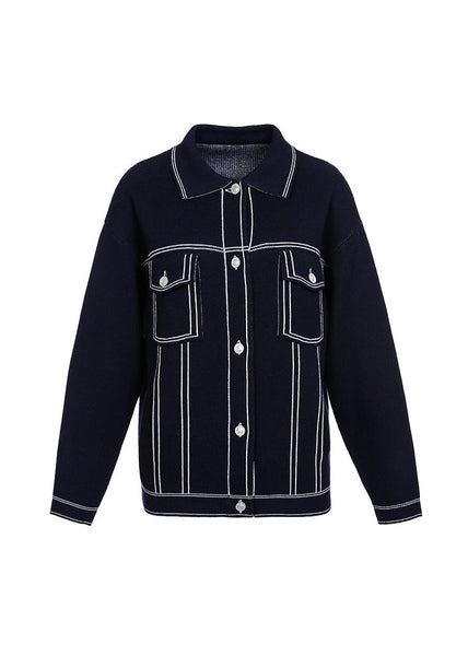 Boutique Navy Peter Pan Collar Pockets Knit Coat Fall WO022 HS-NCT241109