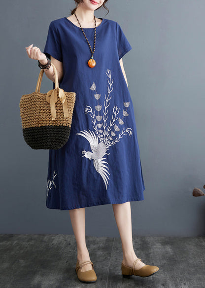 Linen Navy Summer Phoenix Embroidered Boutique Dress FashionChic