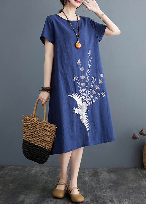 Linen Navy Summer Phoenix Embroidered Boutique Dress FashionChic