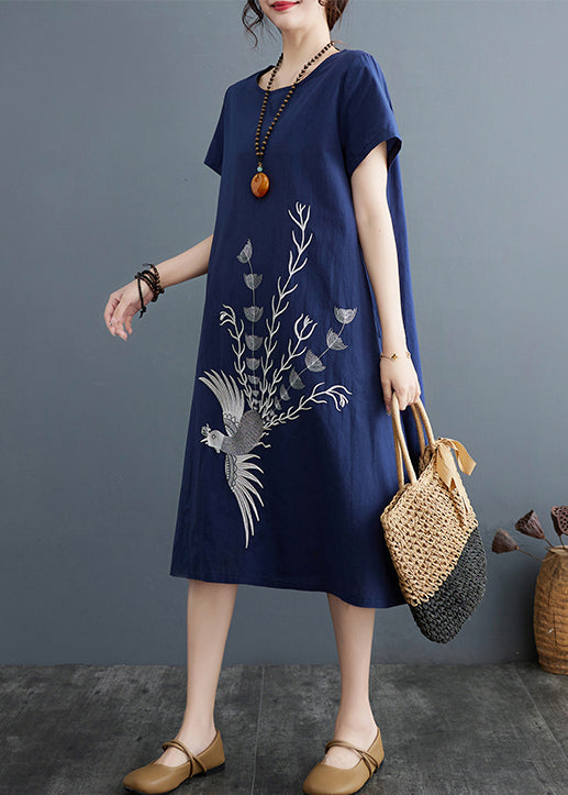 Linen Navy Summer Phoenix Embroidered Boutique Dress FashionChic