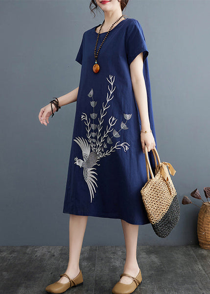 Linen Navy Summer Phoenix Embroidered Boutique Dress FashionChic