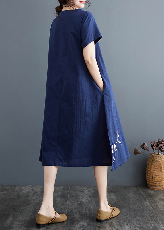 Linen Navy Summer Phoenix Embroidered Boutique Dress FashionChic
