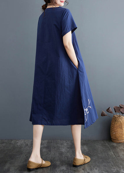 Linen Navy Summer Phoenix Embroidered Boutique Dress FashionChic