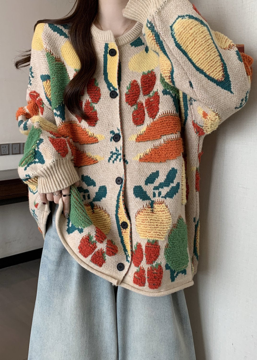 Boutique O Neck Embroidered Jacquard Knit Loose Cardigans Winter RG021 ABC