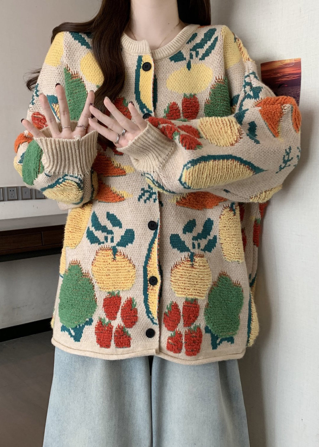 Boutique O Neck Embroidered Jacquard Knit Loose Cardigans Winter RG021 ABC