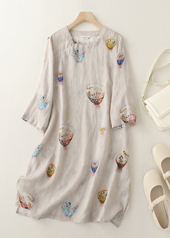 Boutique O Neck Print Side Open Linen Dress Bracelet Sleeve AM1063 Genistyle Shop