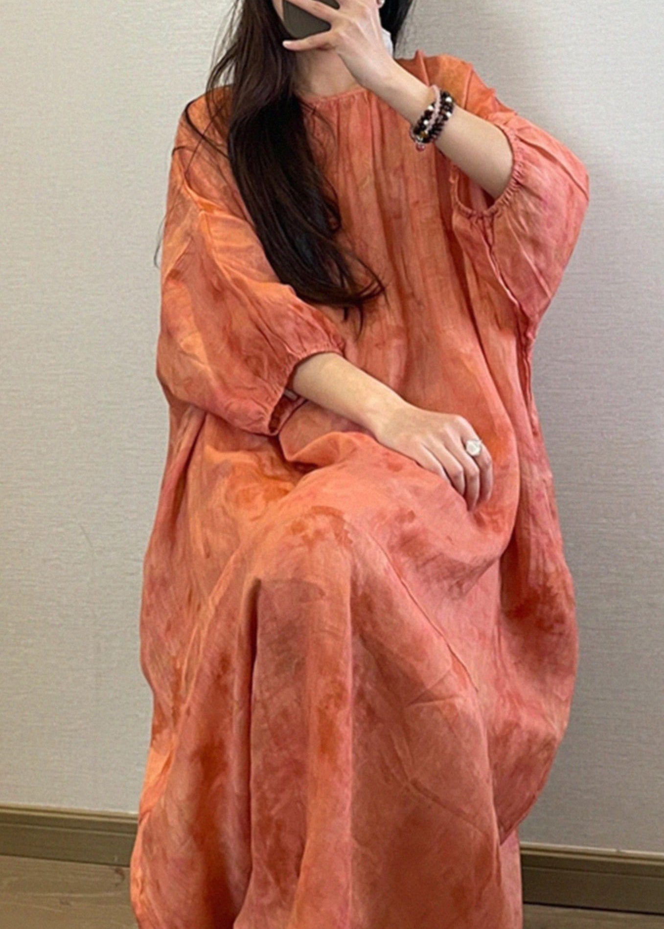 Boutique Orange O-Neck Print Maxi Dresses Long Sleeve UU040 OM-MM240820