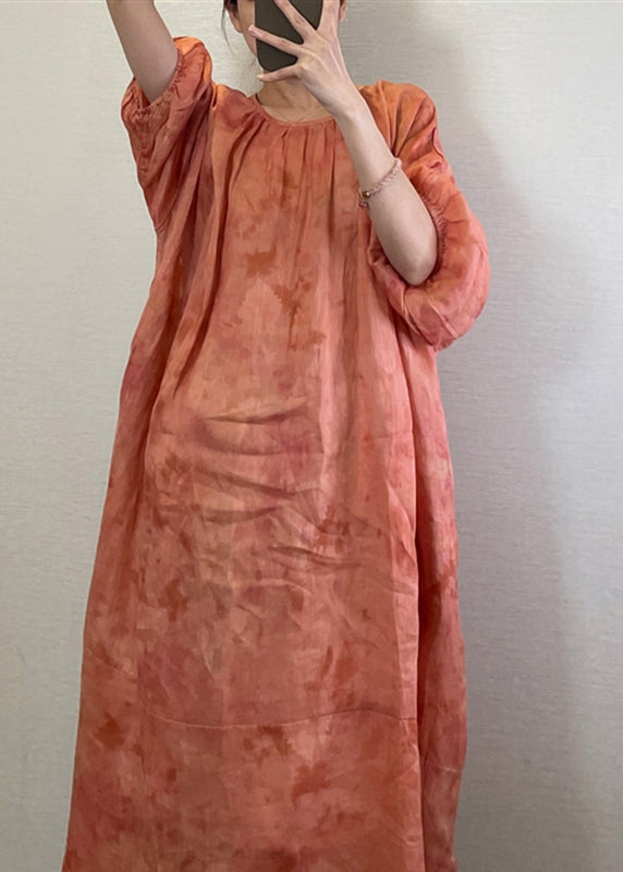 Boutique Orange O-Neck Print Maxi Dresses Long Sleeve UU040 OM-MM240820