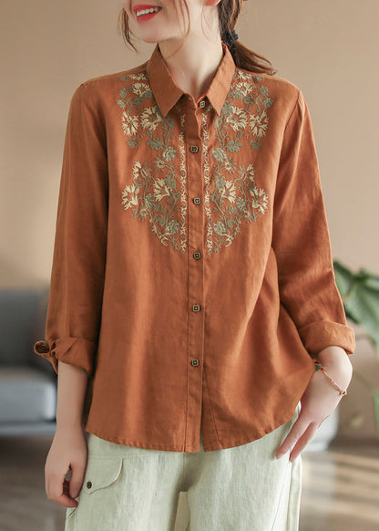 Boutique Orange Peter Pan Collar Embroidered Linen Top Long Sleeve LK033 GK-LTP240710