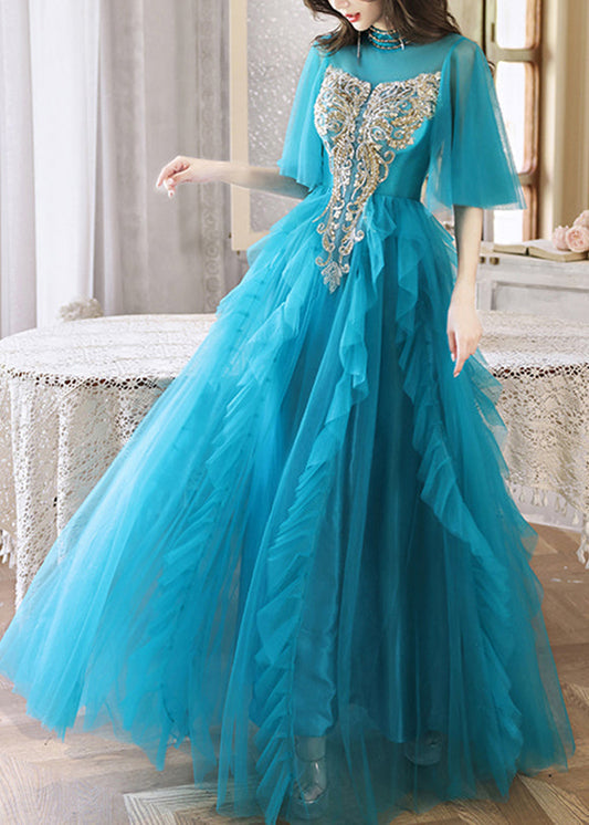 HighWaist Sequins Long Blue Dresses Boutique Half Peacock Sleeve FashionChic
