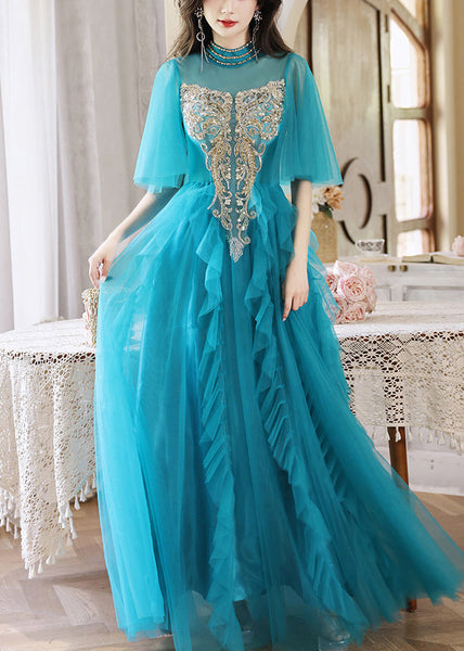 HighWaist Sequins Long Blue Dresses Boutique Half Peacock Sleeve FashionChic