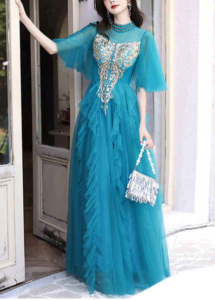 HighWaist Sequins Long Blue Dresses Boutique Half Peacock Sleeve FashionChic