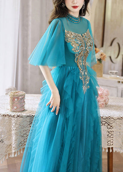 HighWaist Sequins Long Blue Dresses Boutique Half Peacock Sleeve FashionChic
