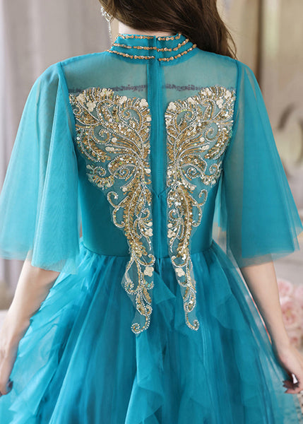 HighWaist Sequins Long Blue Dresses Boutique Half Peacock Sleeve FashionChic