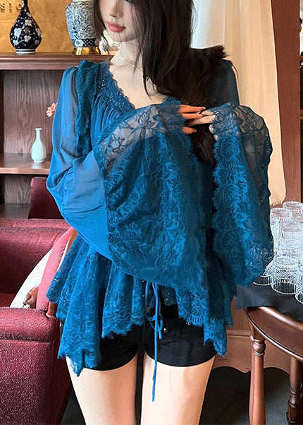 Boutique Peacock Blue V Neck Patchwork Lace Top Flare Sleeve YY003 OL-LTP2408-16