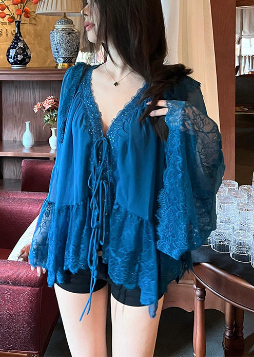 Boutique Peacock Blue V Neck Patchwork Lace Top Flare Sleeve YY003 OL-LTP2408-16