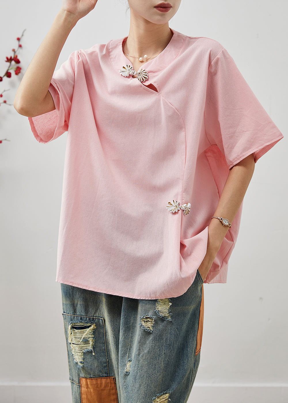 Boutique Pink Chinese Button Cotton Shirt Tops Summer AP1075 AM-STP240904