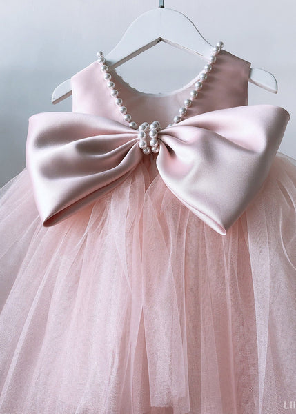 Boutique Pink Nail Bead Bow Tulle Kids Maxi Dresses Sleeveless YS034 ABC