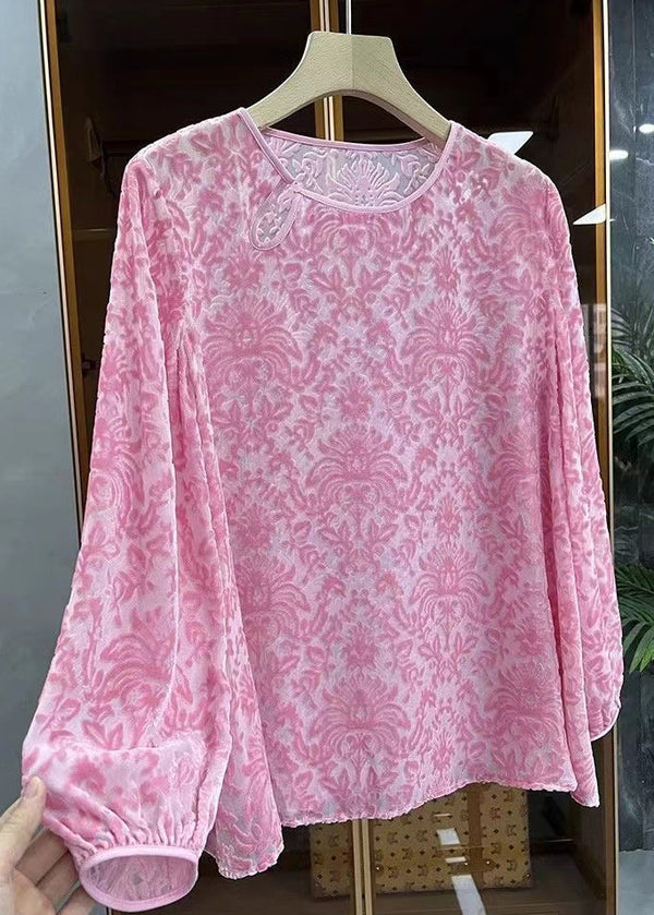 Boutique Pink O Neck Jacquard Silk Velour Blouse Top Spring WW1013 Ada Fashion