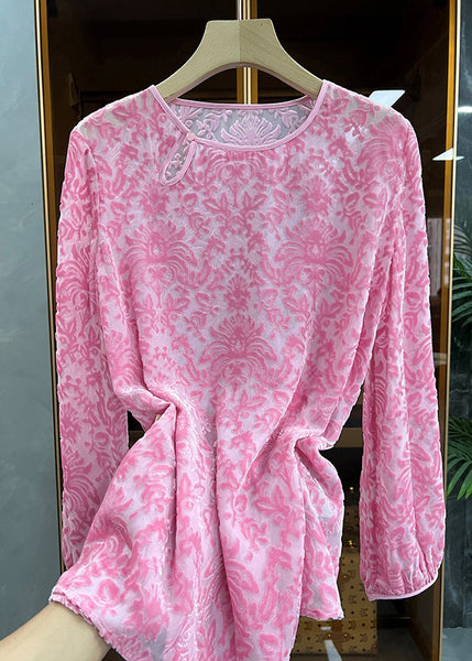 Boutique Pink O Neck Jacquard Silk Velour Blouse Top Spring WW1013 Ada Fashion