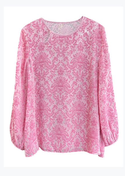 Boutique Pink O Neck Jacquard Silk Velour Blouse Top Spring WW1013 Ada Fashion
