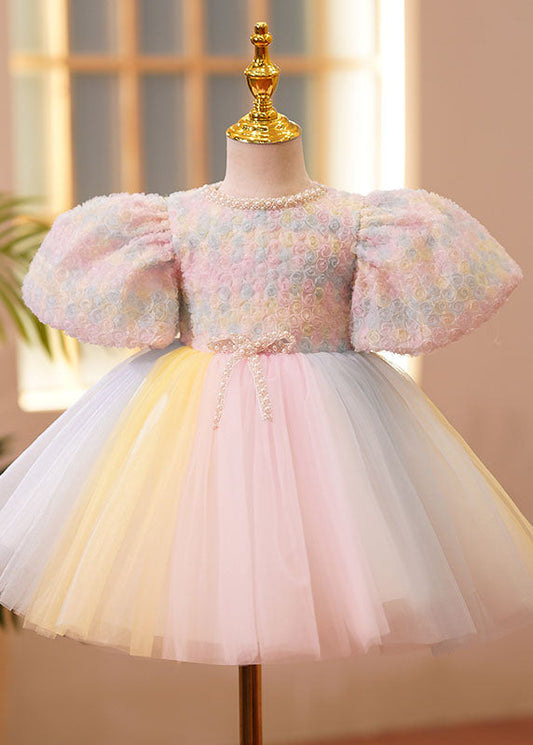 Boutique Pink O-Neck Nail Bead Tulle Kids Vacation Long Dresses Short Sleeve YS002 ABC