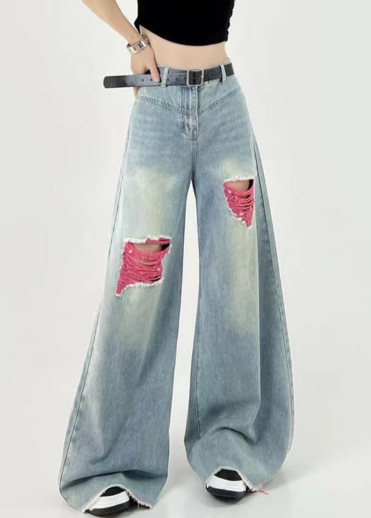 Boutique Pink Patchwork Ripped Denim Wide Leg Pants Fall RI006 ABC