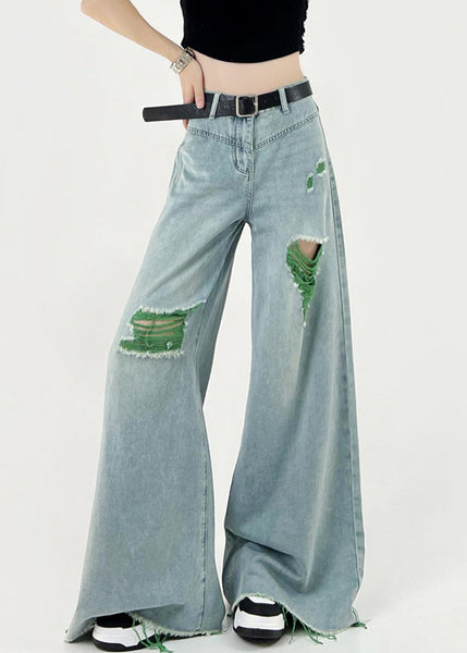 Boutique Pink Patchwork Ripped Denim Wide Leg Pants Fall RI006 ABC