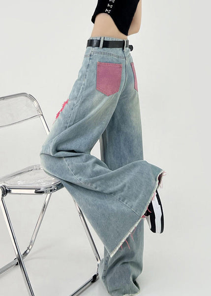Boutique Pink Patchwork Ripped Denim Wide Leg Pants Fall RI006 ABC