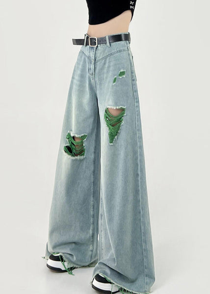 Boutique Pink Patchwork Ripped Denim Wide Leg Pants Fall RI006 ABC