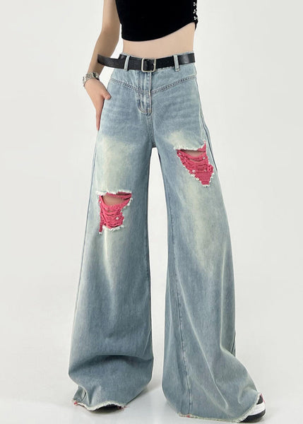 Boutique Pink Patchwork Ripped Denim Wide Leg Pants Fall RI006 ABC
