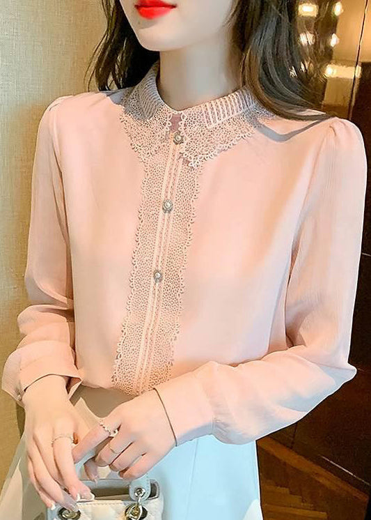 Boutique Collar Pan Shirt Top Cotton Pink Patchwork Peter Lace FashionChic