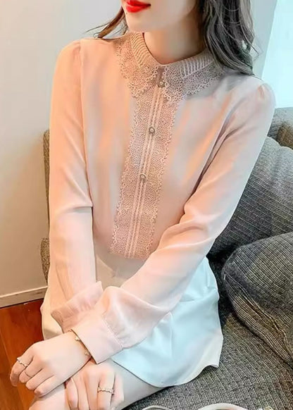 Boutique Collar Pan Shirt Top Cotton Pink Patchwork Peter Lace FashionChic