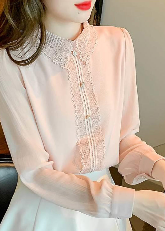 Boutique Collar Pan Shirt Top Cotton Pink Patchwork Peter Lace FashionChic
