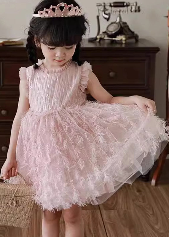 Boutique Pink Ruffled Tulle Patchwork Kids Holiday Feather Mid Dress Sleeveless XZ046 SDGM240618