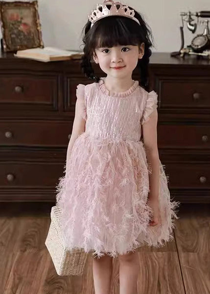 Boutique Pink Ruffled Tulle Patchwork Kids Holiday Feather Mid Dress Sleeveless XZ046 SDGM240618