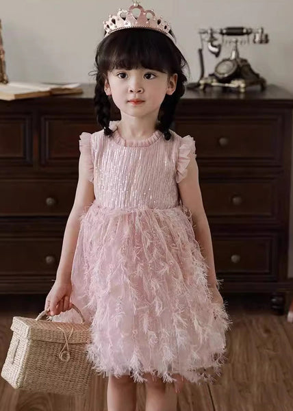 Boutique Pink Ruffled Tulle Patchwork Kids Holiday Feather Mid Dress Sleeveless XZ046 SDGM240618