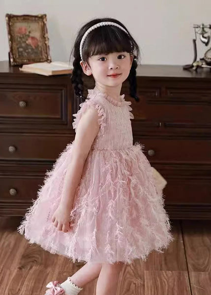Boutique Pink Ruffled Tulle Patchwork Kids Holiday Feather Mid Dress Sleeveless XZ046 SDGM240618