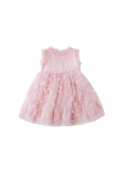 Boutique Pink Ruffled Tulle Patchwork Kids Holiday Feather Mid Dress Sleeveless XZ046 SDGM240618