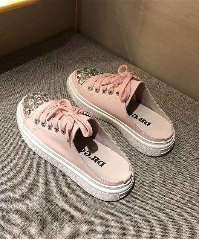 Boutique Slide Up Pink Sandals Splicing Platform Lace Zircon FashionChic