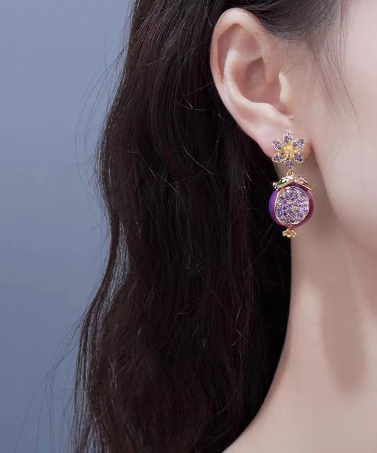 Boutique Purple Copper Zircon Drip Glaze Pomegranate Flower Drop Earrings WP015 JEW-EAR241112