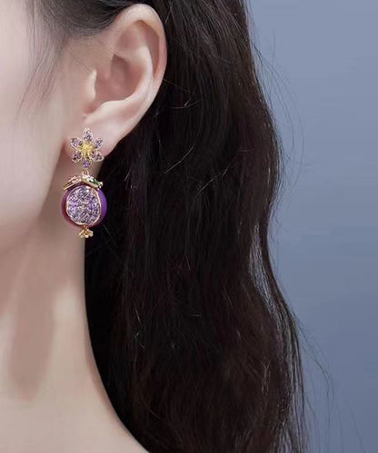 Boutique Purple Copper Zircon Drip Glaze Pomegranate Flower Drop Earrings WP015 JEW-EAR241112